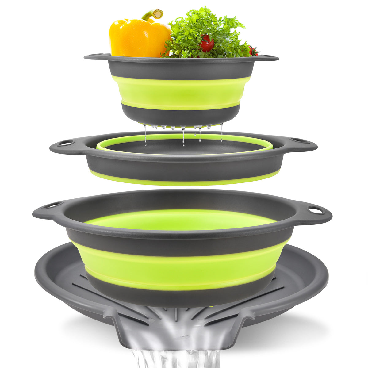 Rinse, Drain, Fold Flat — 3-Piece Collapsible Colander Set