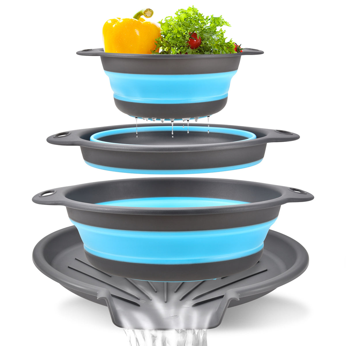 Rinse, Drain, Fold Flat — 3-Piece Collapsible Colander Set